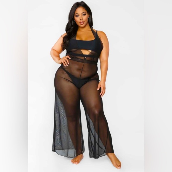 New Trendy Black V-Neck Sleeveless Wide Leg Sheer Jumpsuit Cover Up Swimwear - Picture 1 of 6